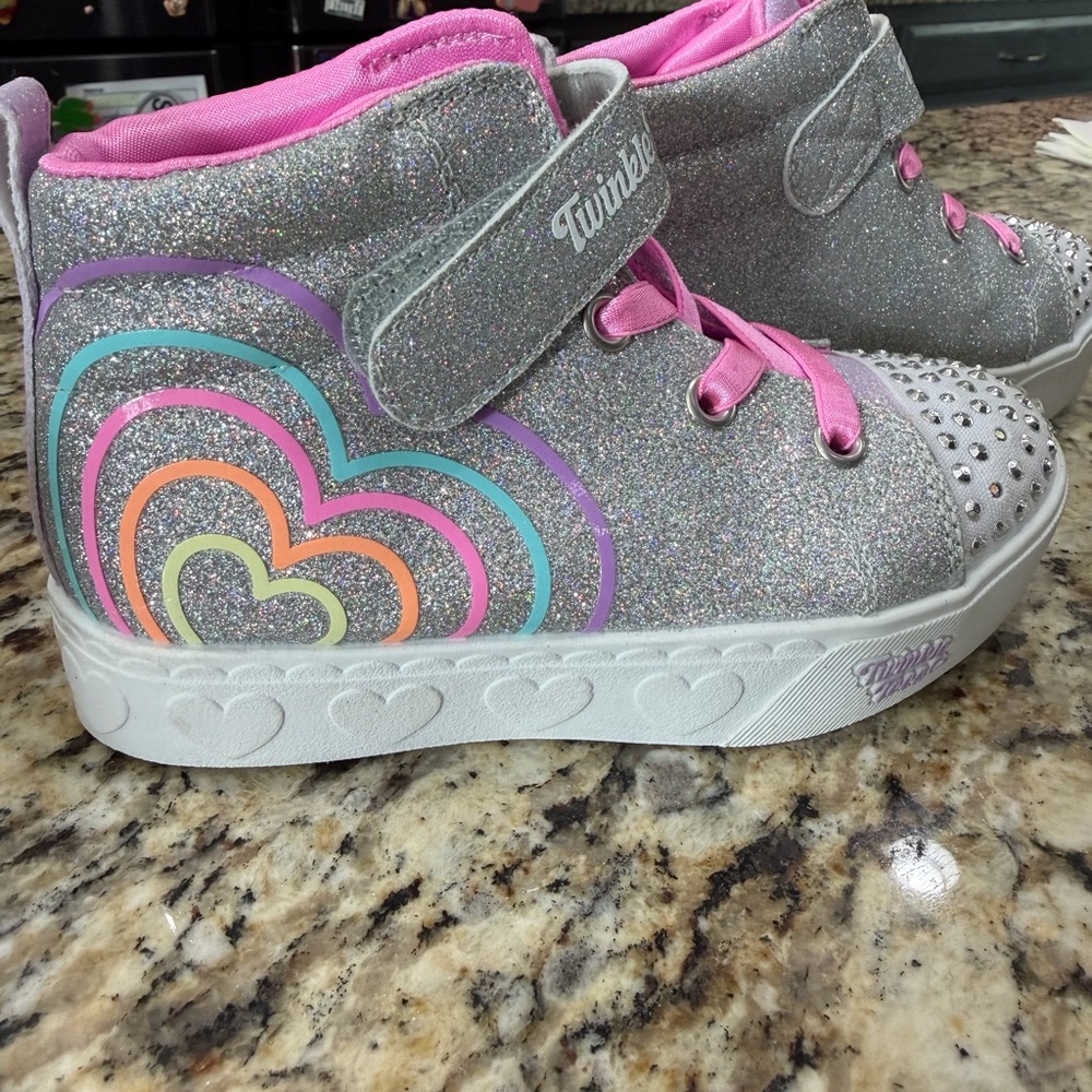 Skechers Twinkle Toes Silver and Pink Kids Sneakers - light up toes